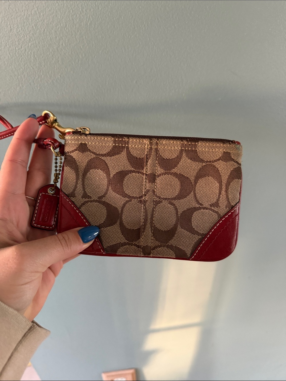 Coach Brown Signature Jacquard Wristlet with Red Leather Trim